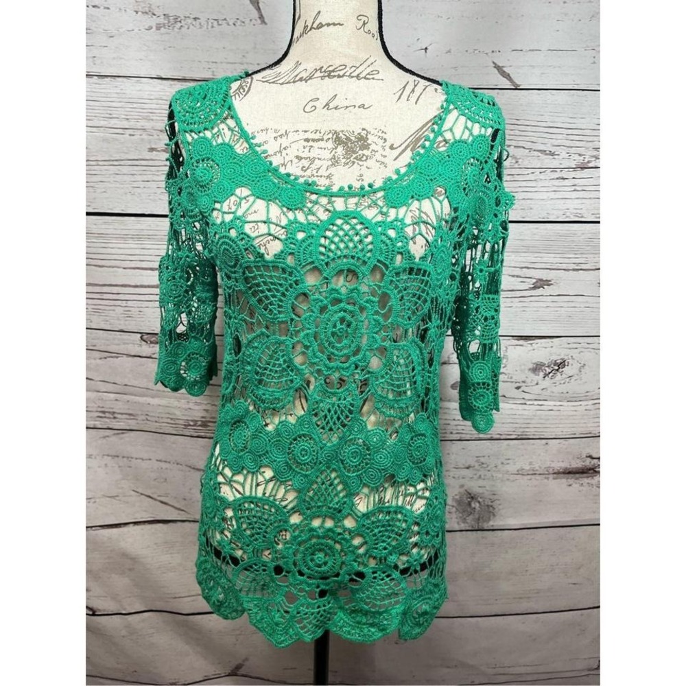 Kaktus Crochet Knit‎ Top Green Floral Lace 3/4 Sleeve Blouse Medium